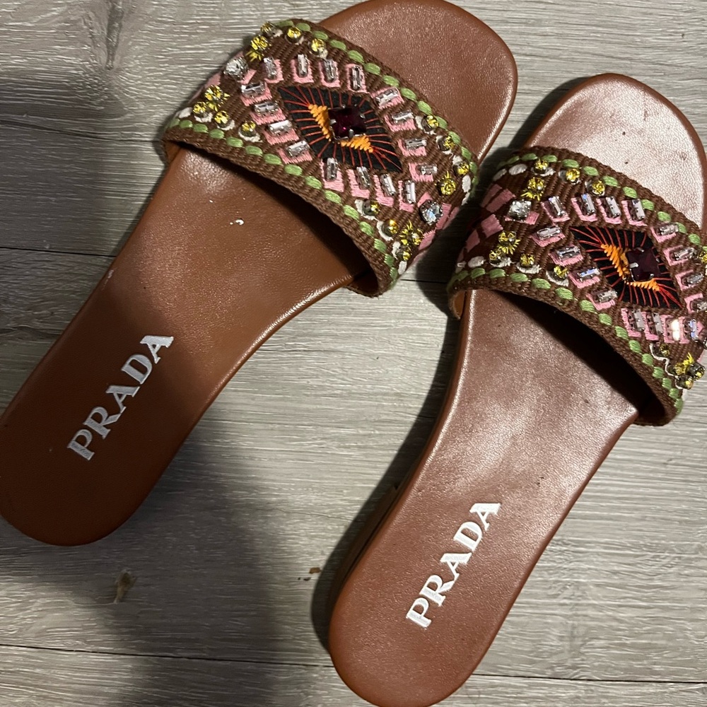 Prada Women's Brown and Pink Embellished Sandals